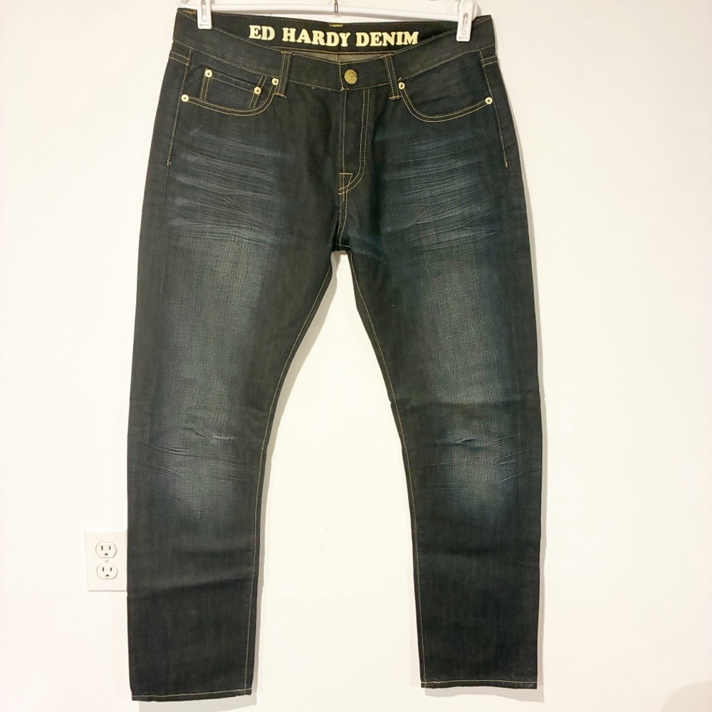 Ed Hardy by Christian Audigier Men’s 33x32 Jeans Do Or Die‎ Button Fly Wide - Picture 2 of 7
